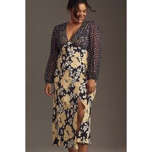 RIXO Womens Melanie Silk Dress Floral Polka Dots Midi Empire Waist Blue 4XL